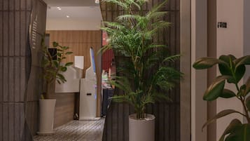Um hall de entrada com um lustre grande, um balcão de recepção e um vaso de planta.
