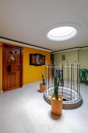 Una habitación con puerta de madera, lámpara circular y plantas en macetas.