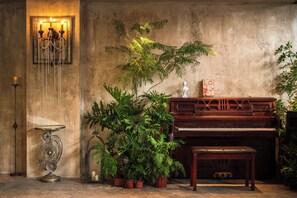 A piano, a chandelier, and various plants in a room with a textured wall.