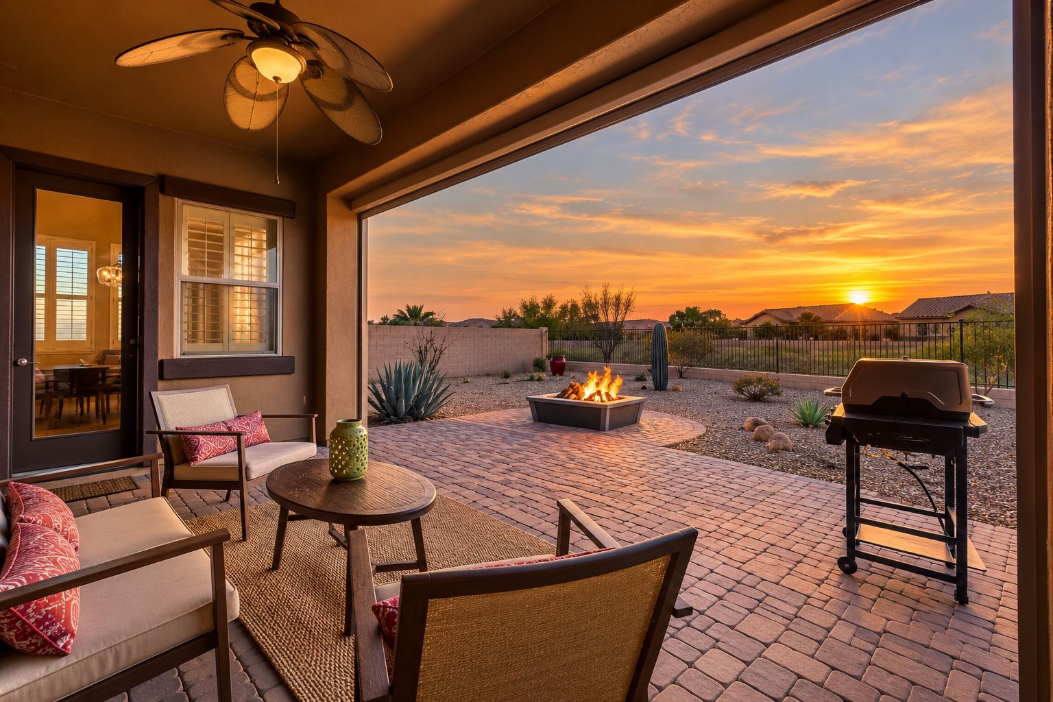 An outdoor patio with a fire pit, seating, and a view of the sunset.