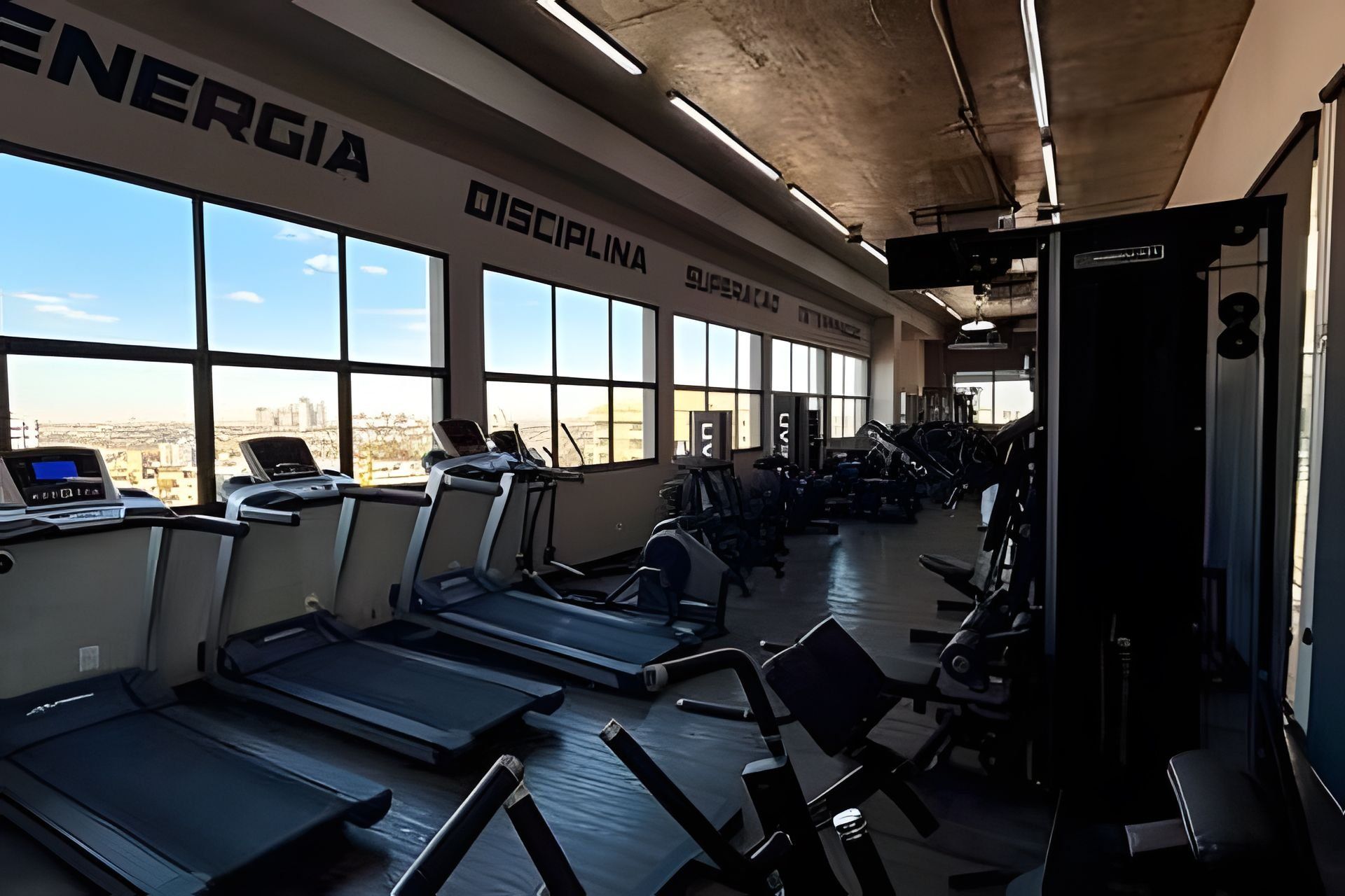 Un gimnasio con cintas de correr y equipo de ejercicio, ventanas amplias y vista a la ciudad.
