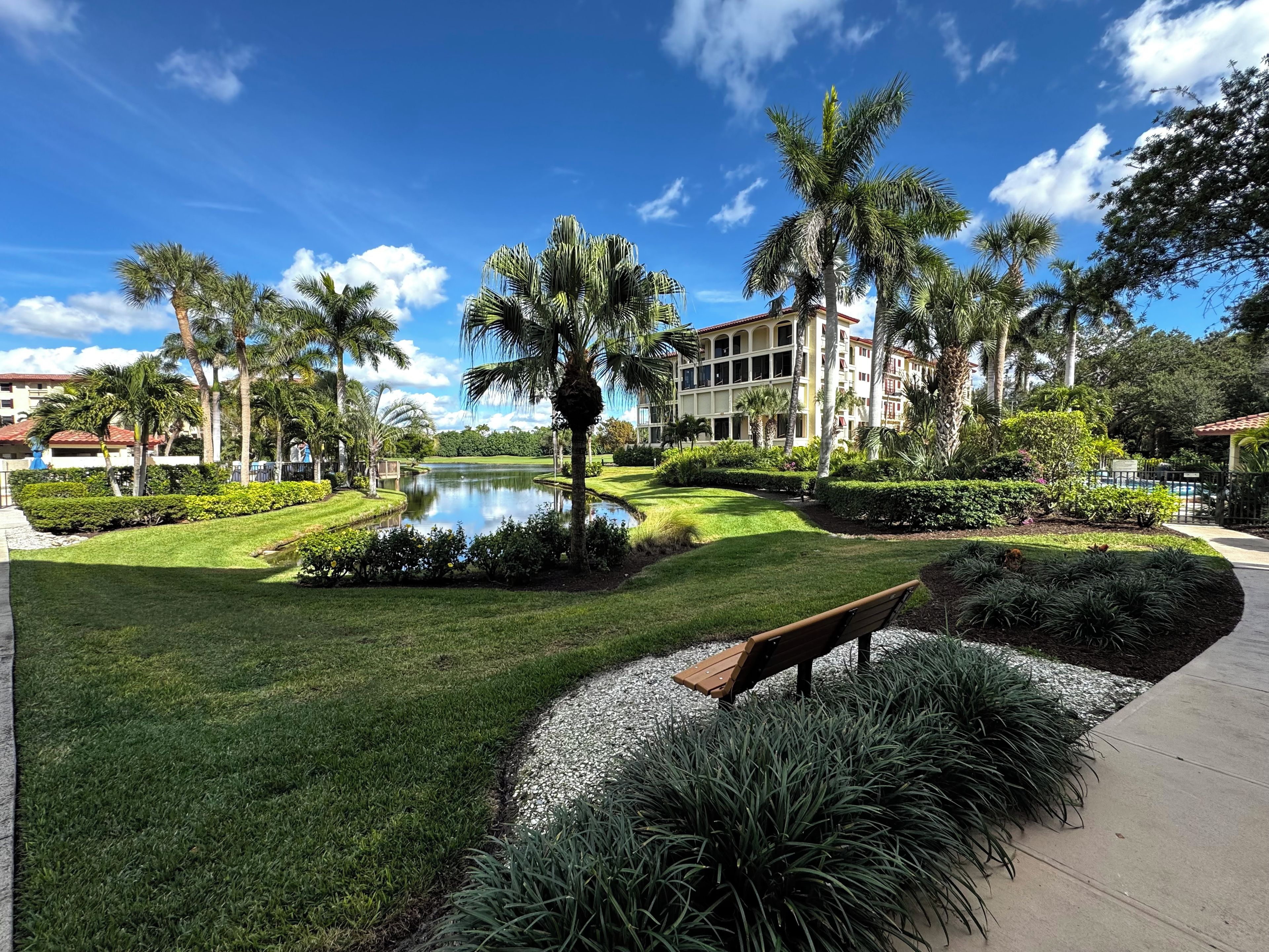 A well-maintained garden with a pond, palm trees, and a bench.