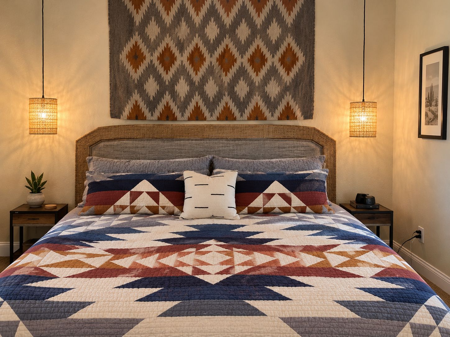A bed with a geometric patterned quilt, a wooden headboard, and two bedside lamps.