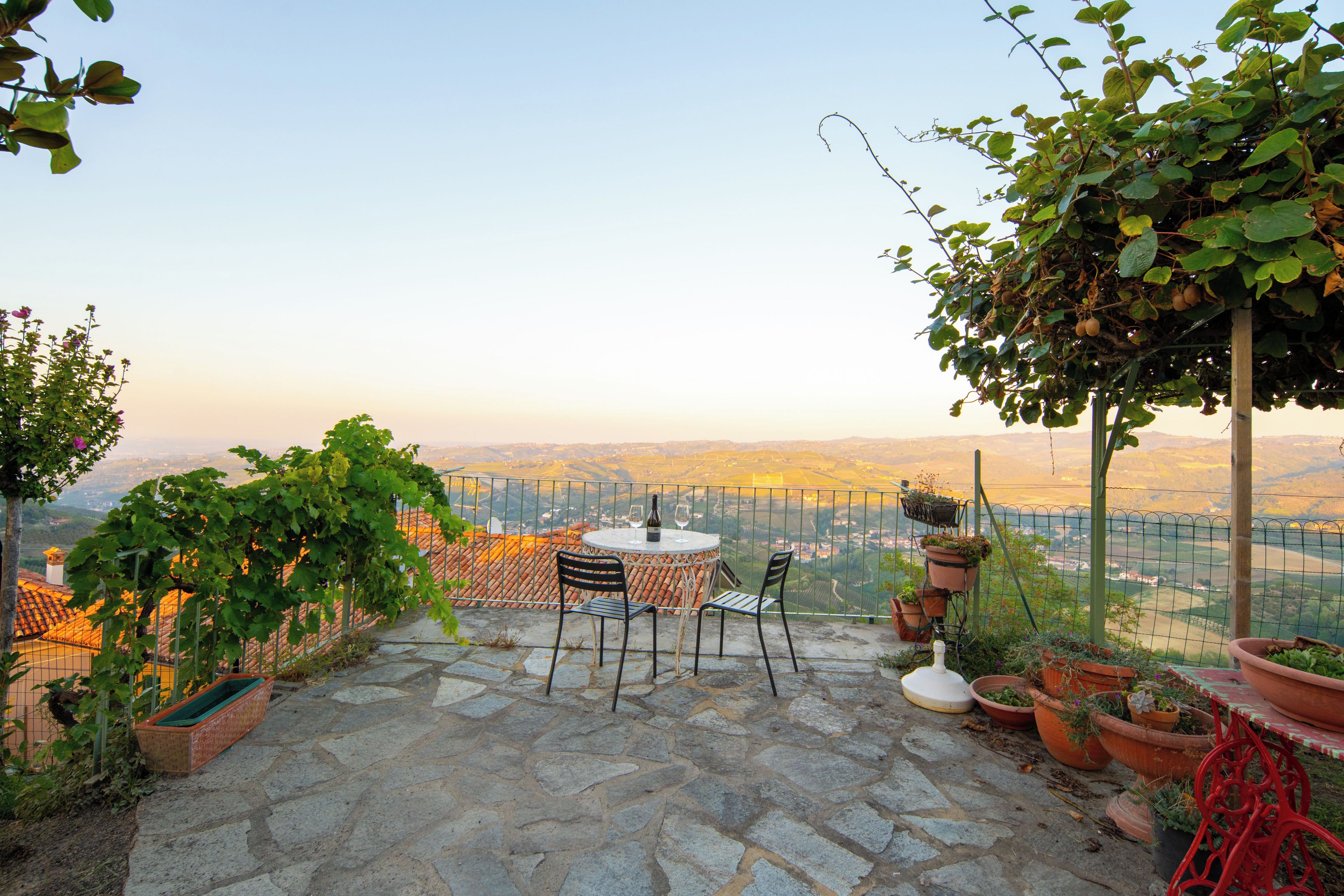 Une terrasse en pierre avec une table et des chaises, entourée de plantes en pot et offrant une vue sur la campagne.