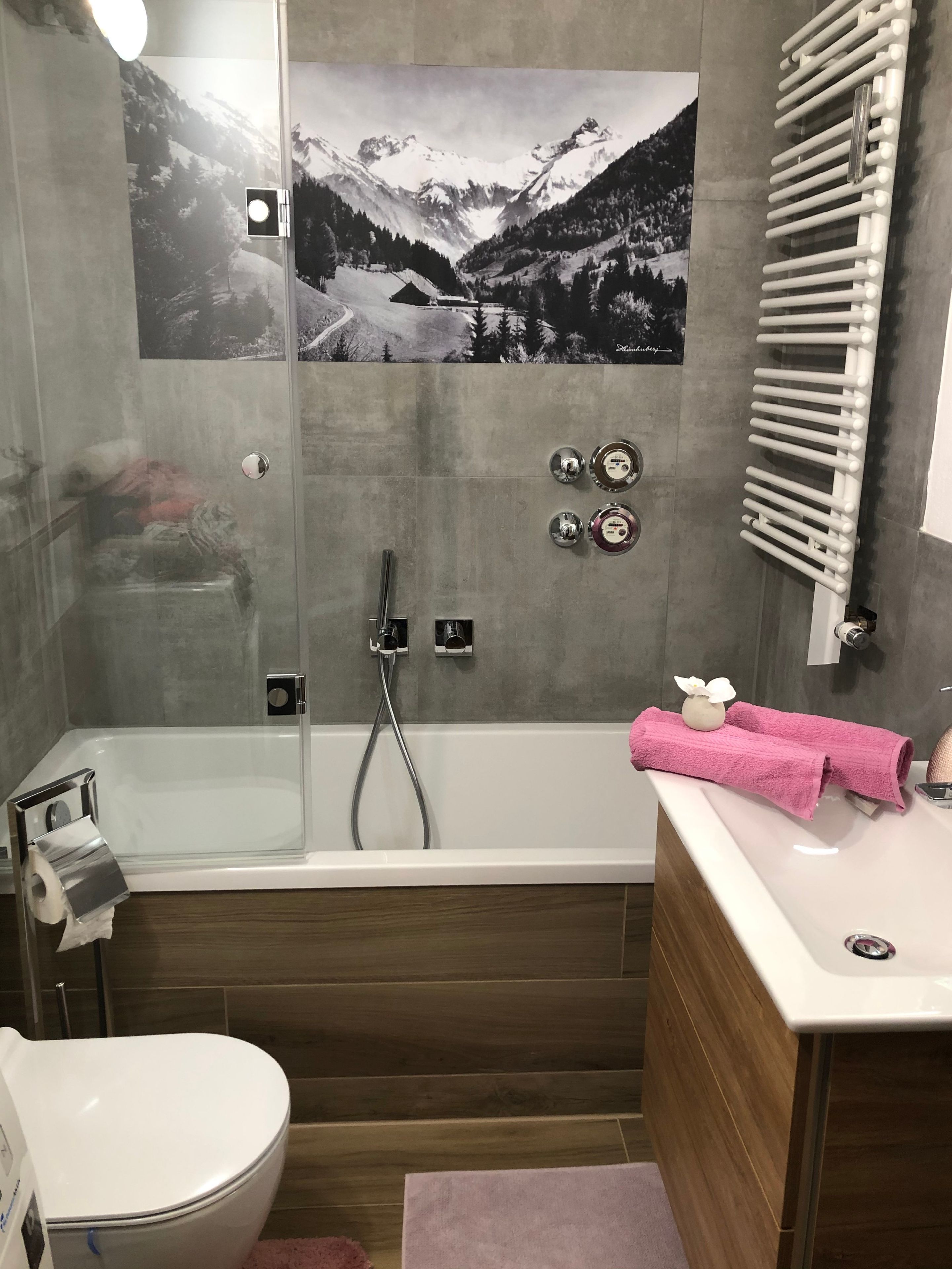 Een moderne badkamer met een douchecabine, een toilet en een wastafelmeubel.