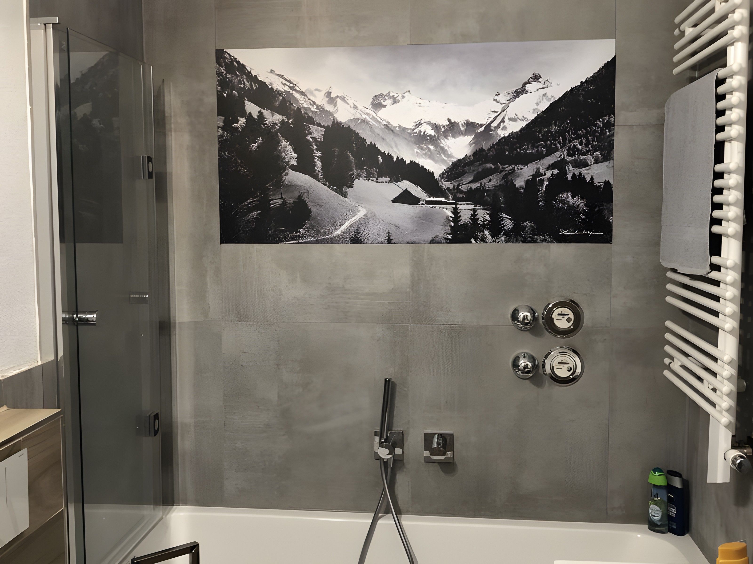 Un baño con un cuadro grande de un paisaje de montaña en blanco y negro, un box de ducha de cristal y una bañera blanca.