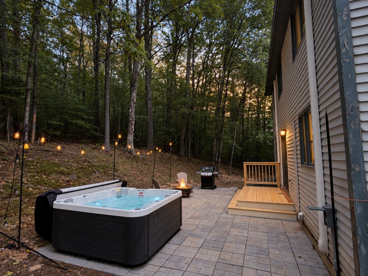 A hot tub in a backyard with a deck, surrounded by trees and a house.