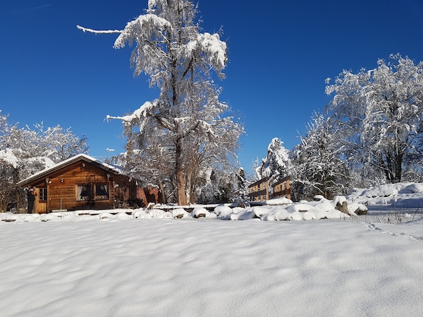 Una cabaña de madera con techo nevado, rodeada de árboles cargados de nieve y un cielo azul despejado.