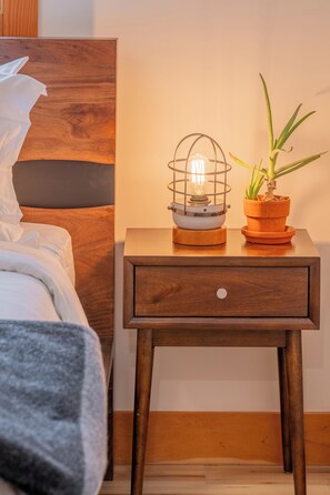 A wooden bedside table with a lamp and a potted plant. - Aspen Adventure House  (Revelstoke)