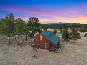 A wooden cabin with a green roof, surrounded by trees and a mountainous backdrop. - Cute & Cozy & Remote peace seekers cabin, sleeps 4, 2 bed 2 bath, gorgeous views (Florissant)