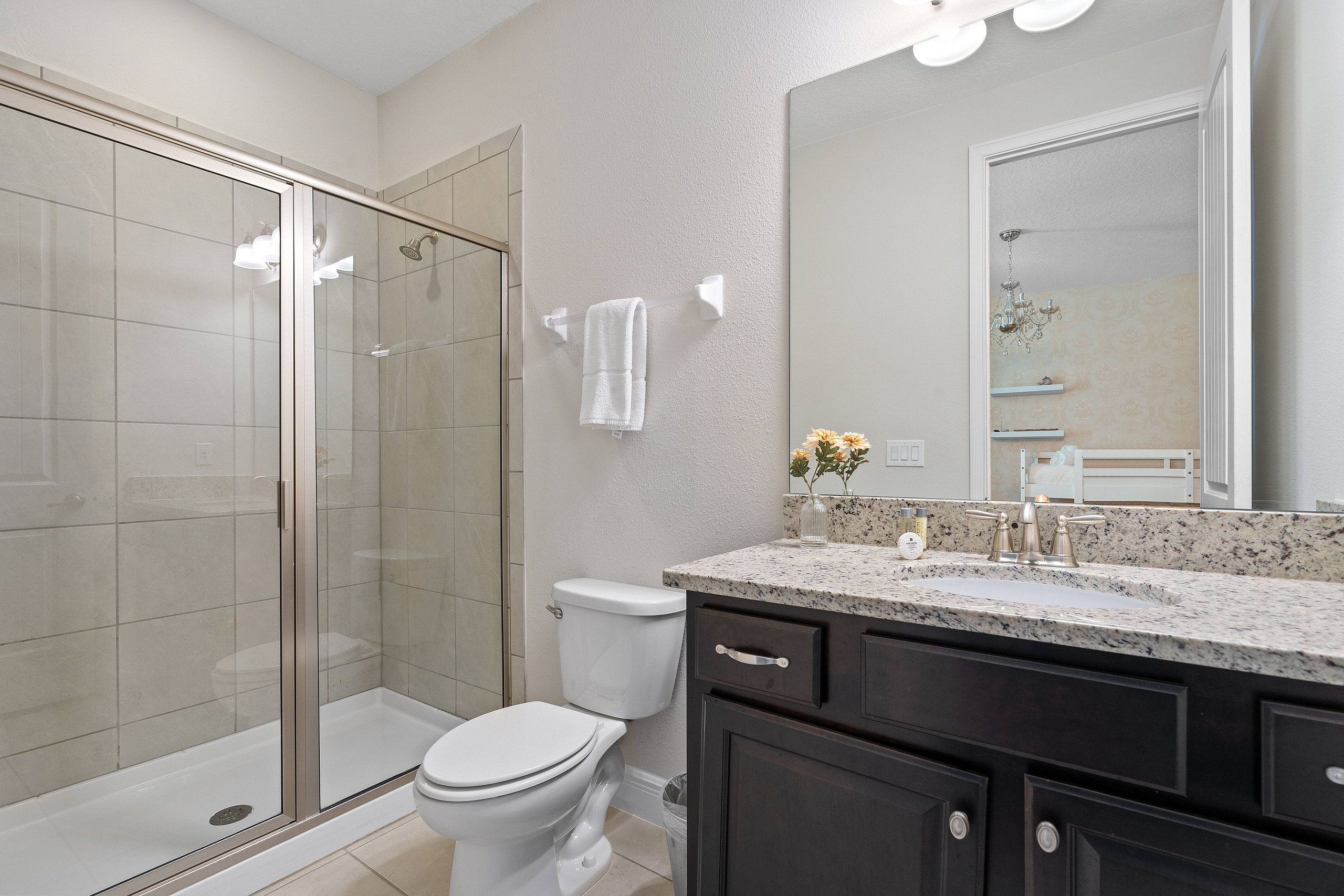A modern bathroom with a glass shower enclosure, a white toilet, a granite countertop, and a large mirror.