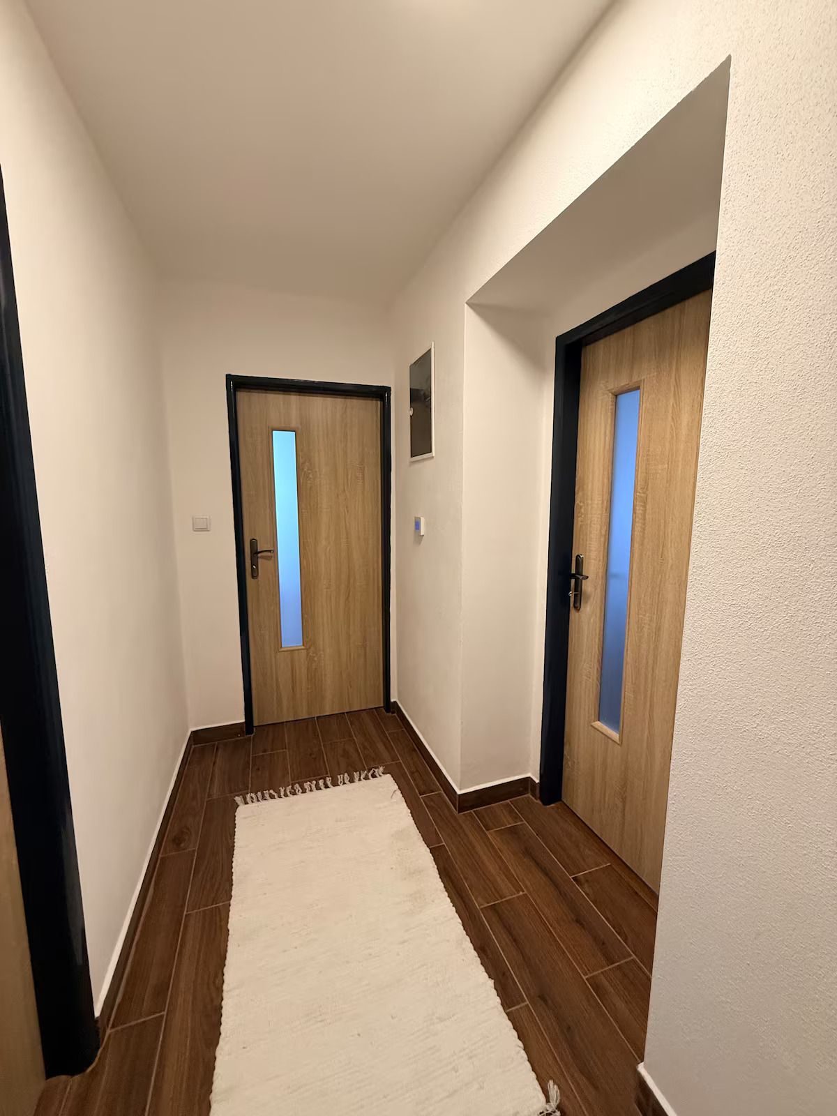 Un couloir doté d’un plancher en bois, de murs blancs et de deux portes en bois avec des panneaux de verre.