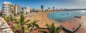 A beach with a promenade, palm trees, and buildings in the background. - 403|Apartment with ocean views|Canteras Beach (Las Palmas de Gran Canaria)
