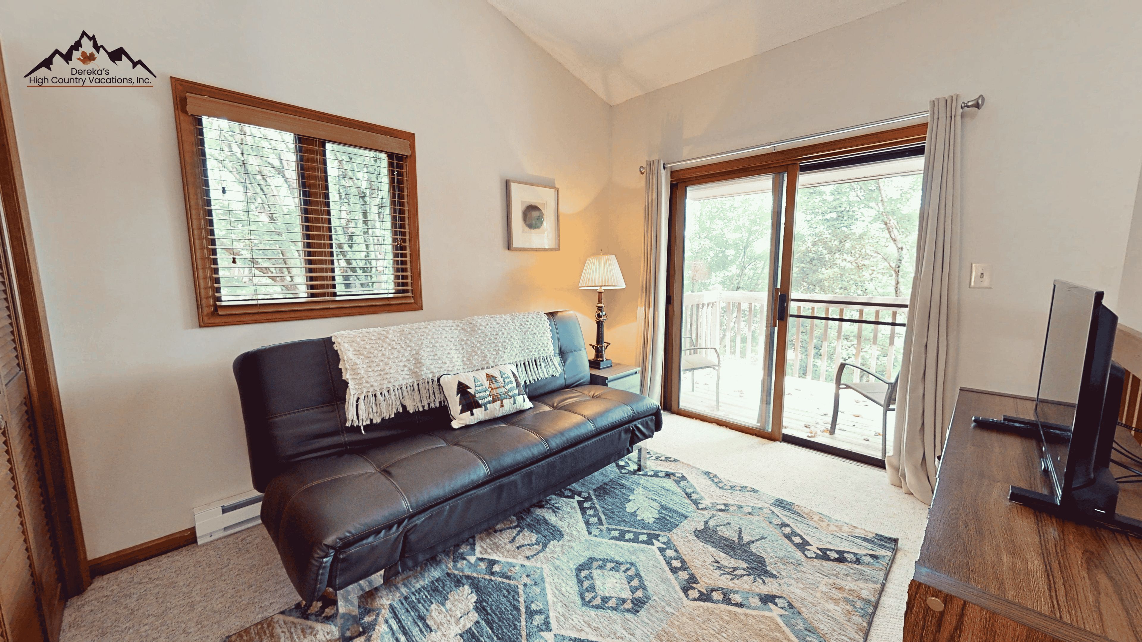 A living room with a black leather sofa, a patterned rug, a wooden table with a television, and a sliding glass door leading to an outdoor area.