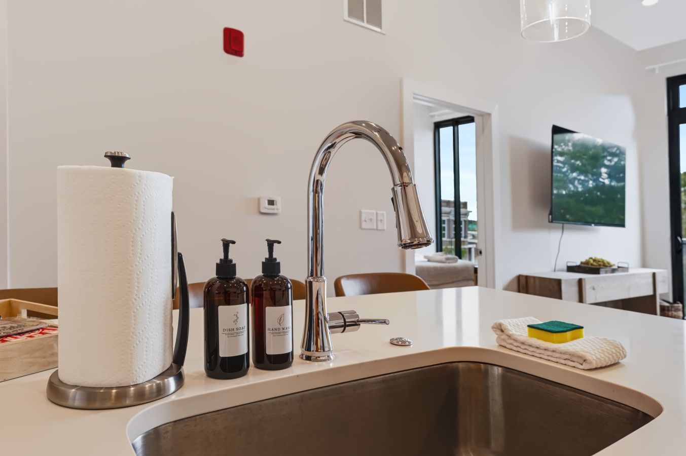 A modern kitchen with a stainless steel sink, a paper towel dispenser, and two hand soap bottles.