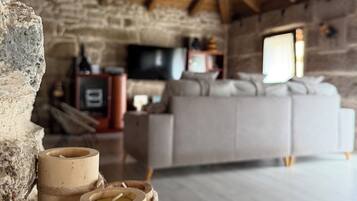 Un interior rústico con pared de piedra, vigas de madera, chimenea de piedra, un sofá y un televisor.
