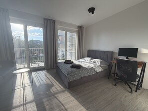 Un dormitorio con cama, escritorio, silla y televisor.