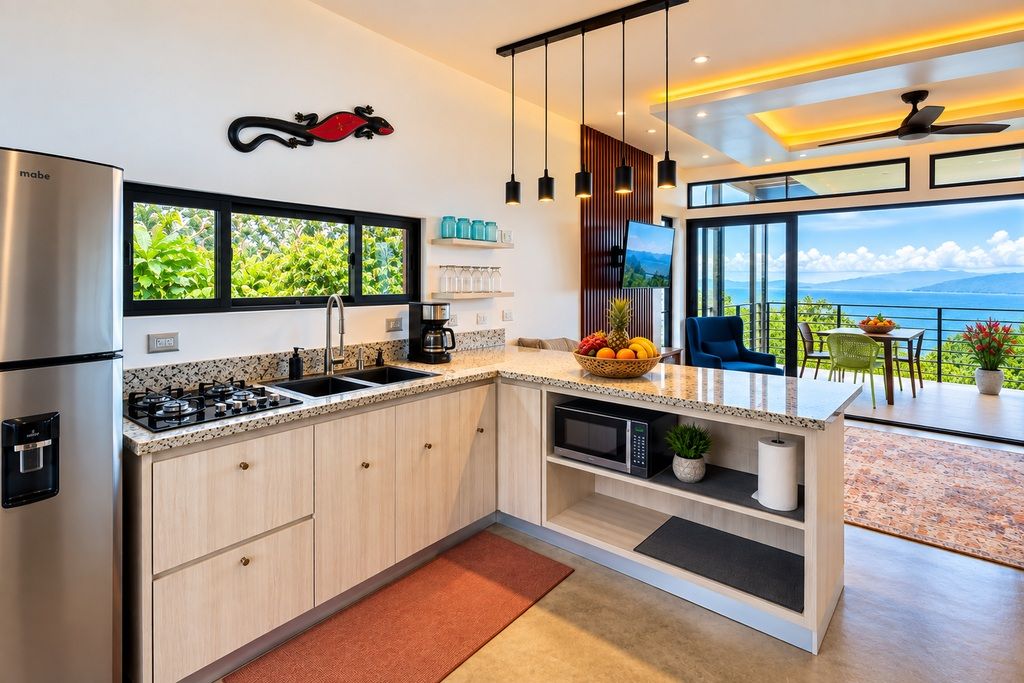 Une cuisine moderne équipée d’une cuisinière à gaz, d’un four à micro-ondes et offrant une vue sur l’extérieur.