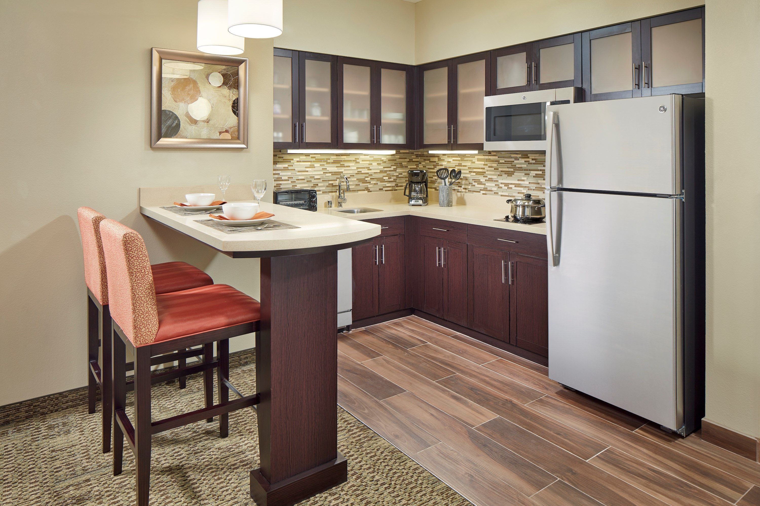 Full kitchen view with complete range of cooking amenities.