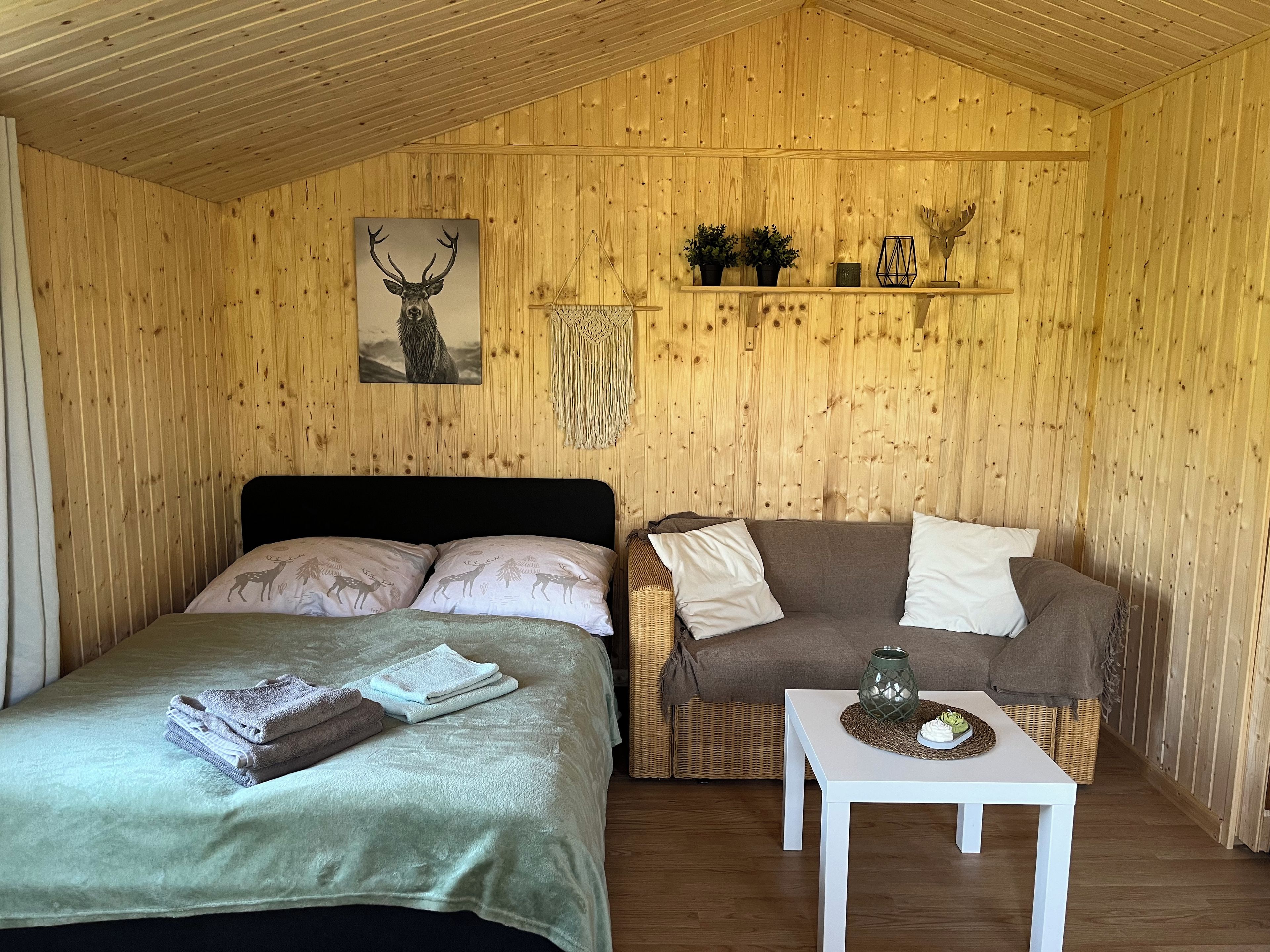 A room with a bed, a sofa, a small table, and wooden walls.