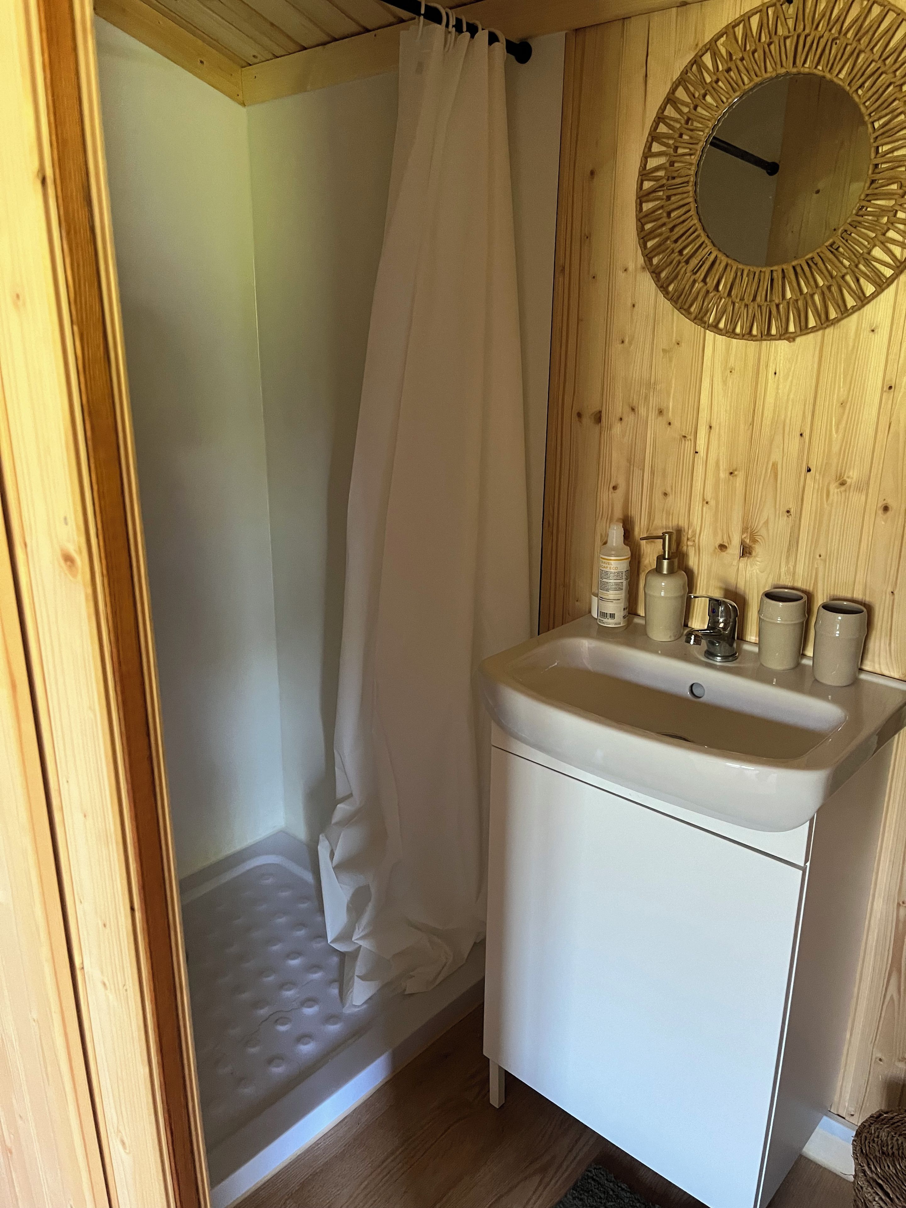 A bathroom with a shower, a sink, and a mirror.