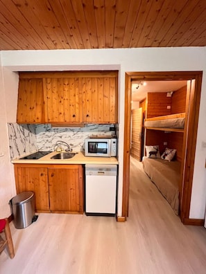 A compact kitchen with wooden cabinets, a microwave, and a dishwasher. - Cozy studio, close to the slopes and shops, Méribel (Les Allues)