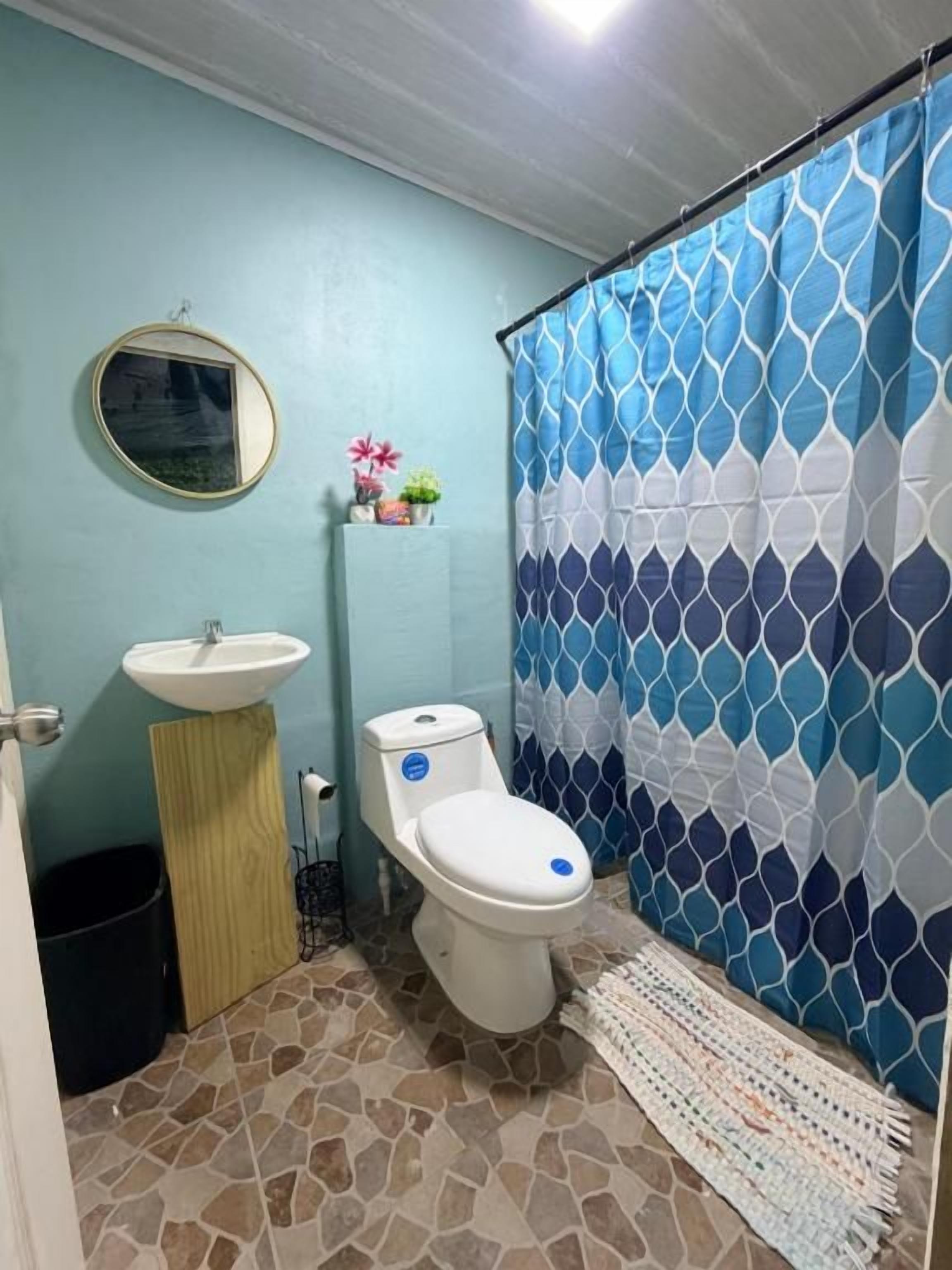 A bathroom with a toilet, sink, and shower curtain.