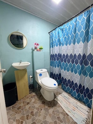 Un baño con inodoro, lavabo y cortina de ducha.