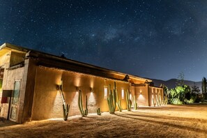 Un edificio con una hilera de cactus bajo un cielo estrellado.