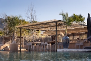 Un área junto a la piscina con una zona de estar cubierta, un bar y un jarrón grande.