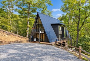 Een moderne, driehoekige hut met een terras, omgeven door bomen.