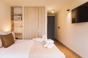 Habitación de hotel con cama, armario, televisor y zona de ducha.