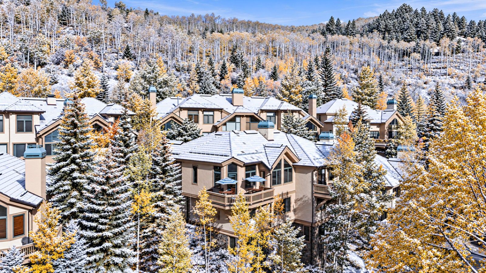 Una zona residencial con varias casas, algunas con balcones, rodeada de árboles cubiertos de nieve.