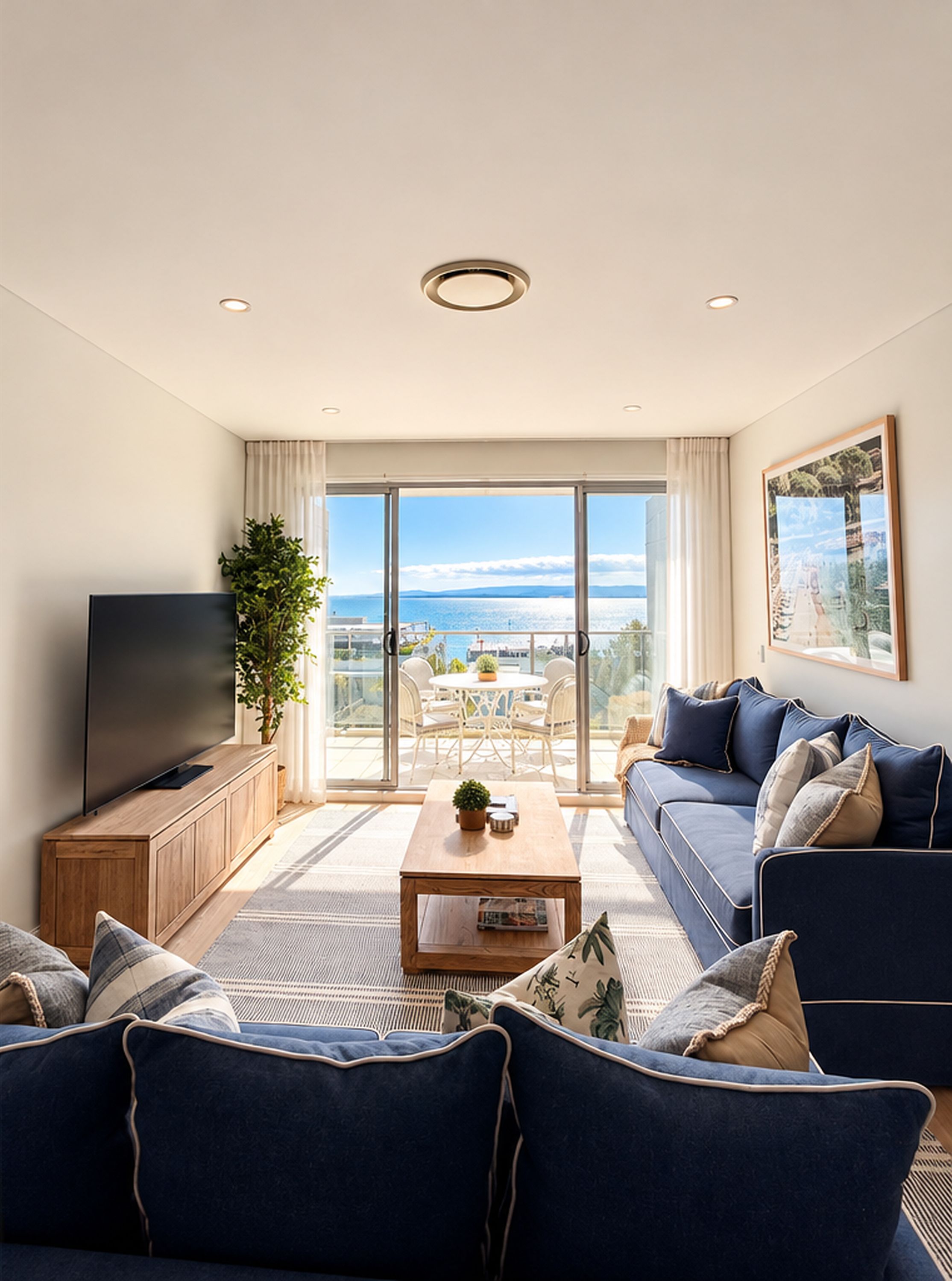 Bright coastal lounge with balcony dining and stunning water views