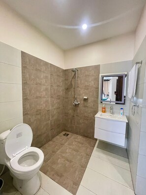 Un baño con ducha, inodoro e instalación de tocador.