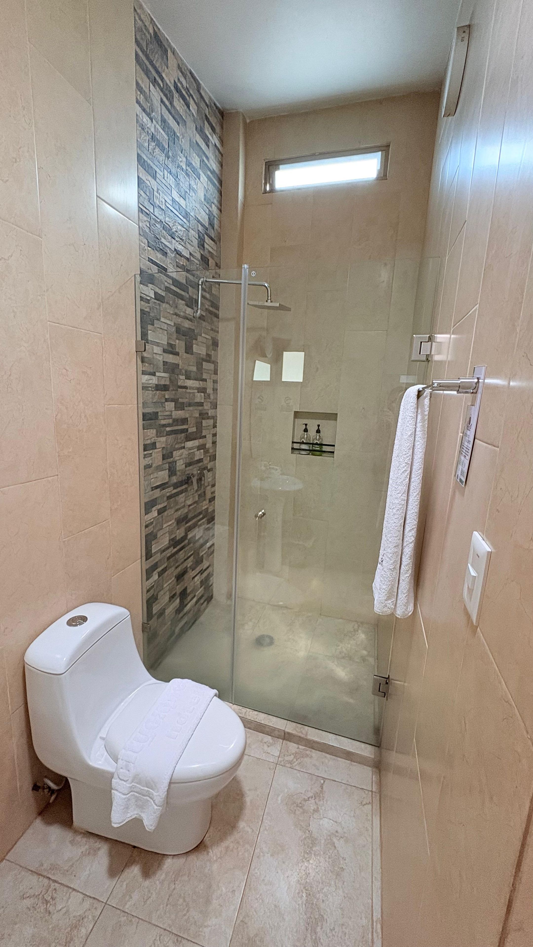 A modern bathroom with a glass-enclosed shower, a white toilet, and a stone-patterned wall.