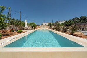 Ein rechteckiger Swimmingpool mit klarem, blauem Wasser, umgeben von einer Steinmauer und verschiedenen Pflanzen.