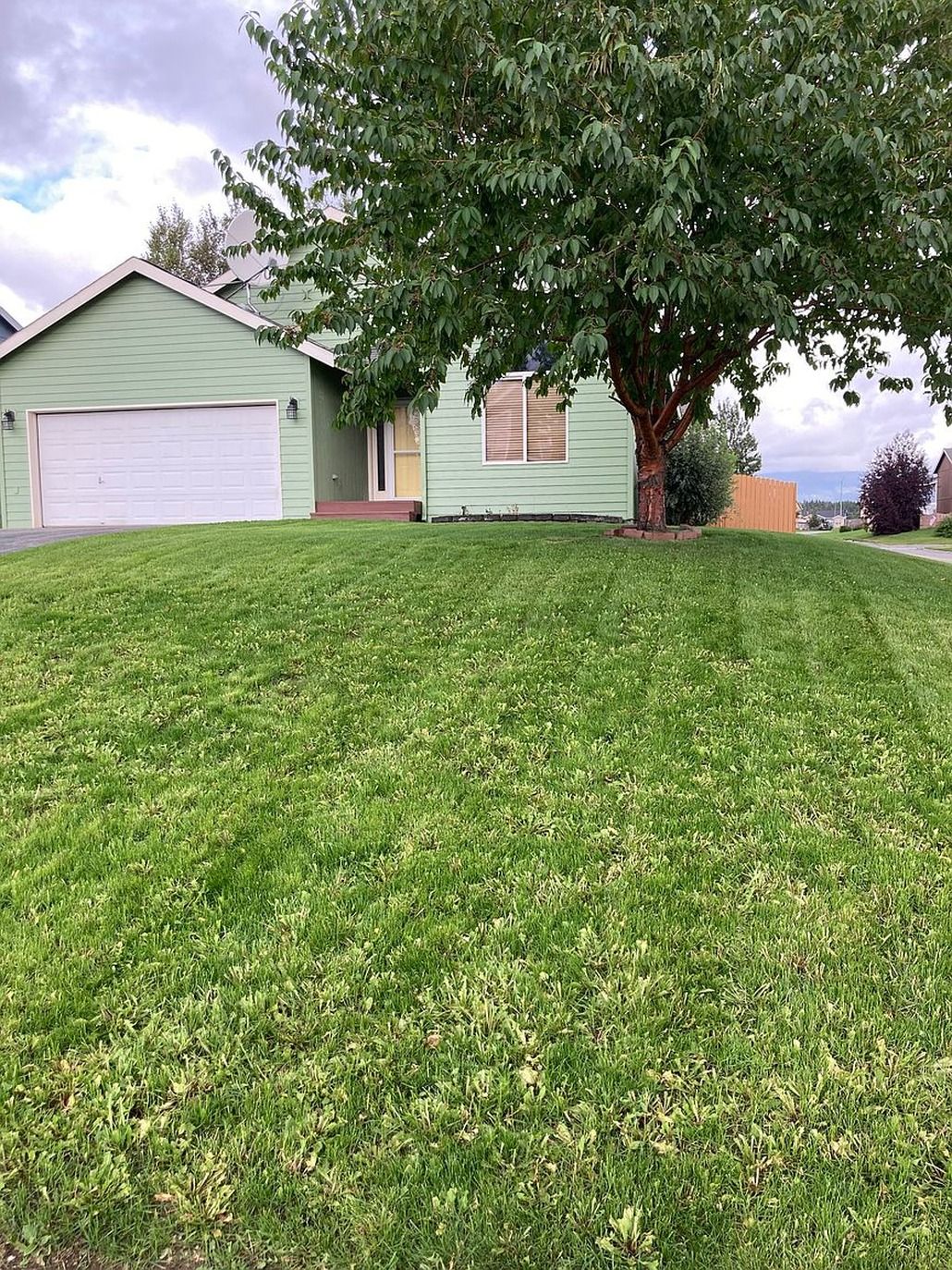 A residential property with a green house, a white garage door, and a well-maintained lawn.