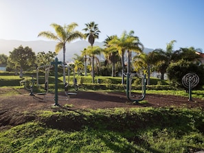 An outdoor gym area with exercise equipment, surrounded by palm trees and greenery. - CHL La Plaza, amazing views Tenerife (Santa Úrsula)