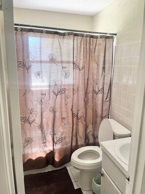 Une salle de bain avec un rideau de douche orné d’un motif floral, des toilettes et un lavabo.