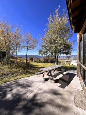 Eine Terrass mit Picknicktischen, umgeben von Bäumen und Blick auf ferne Berge.