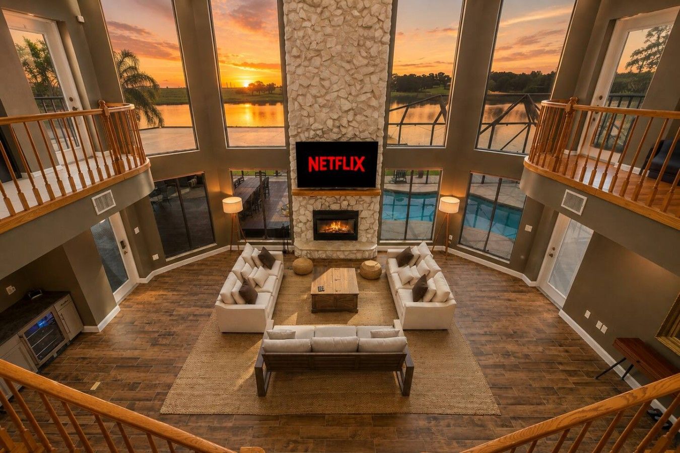 A spacious living area with a fireplace, comfortable seating, and a large TV screen displaying 'NETFLIX'.