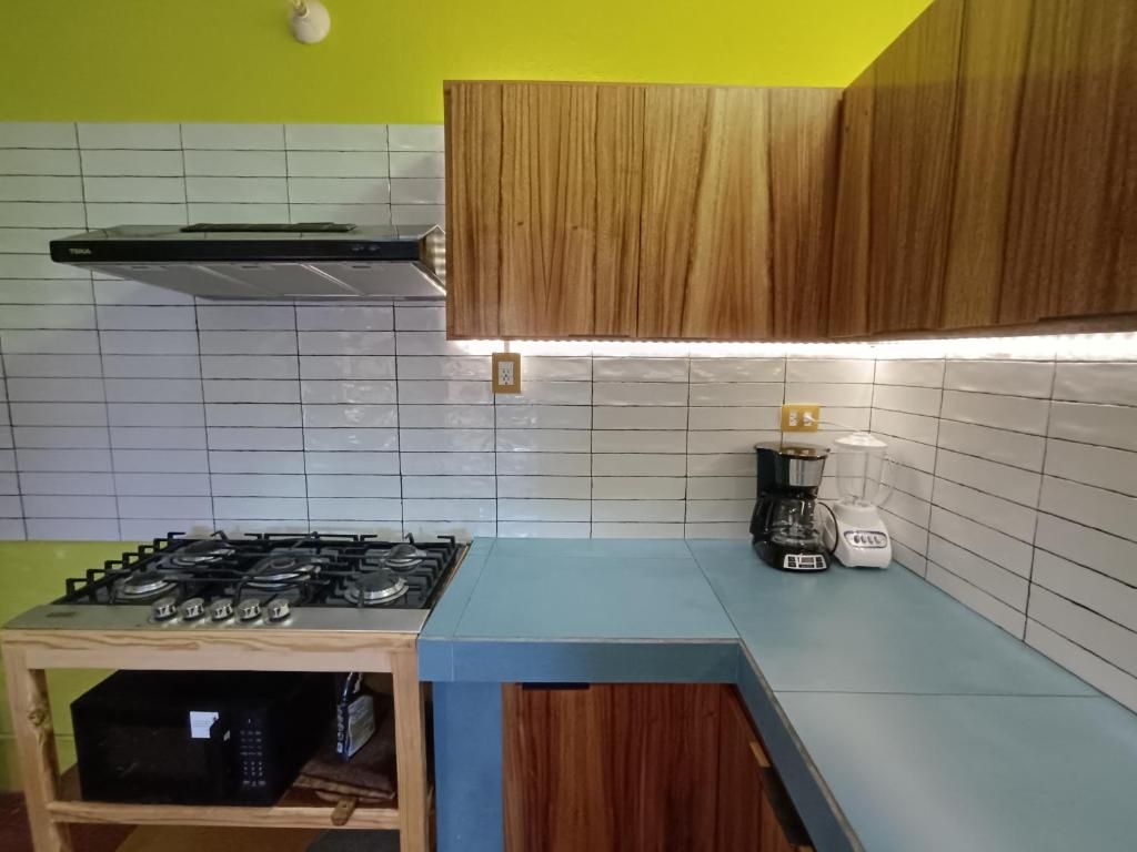 Cozinha equipada com fogão a gás, cafeteira e armários de madeira.