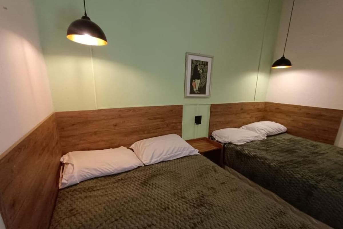 Una habitación con dos camas, cada una con un cojín y una manta. Hay un cuadro en la pared.