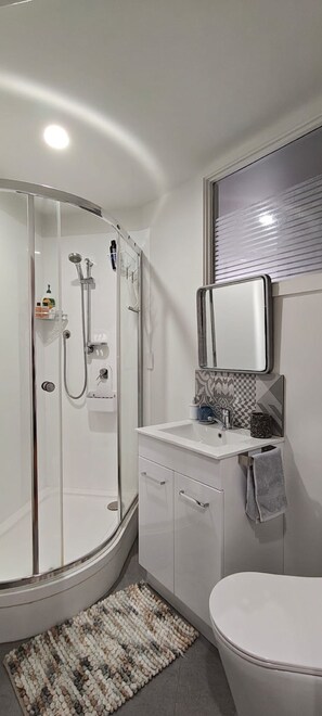 A modern bathroom with a glass-enclosed shower, a white sink with a mirror, and a toilet. - Cozy Guest Home - North New Brighton (Christchurch)