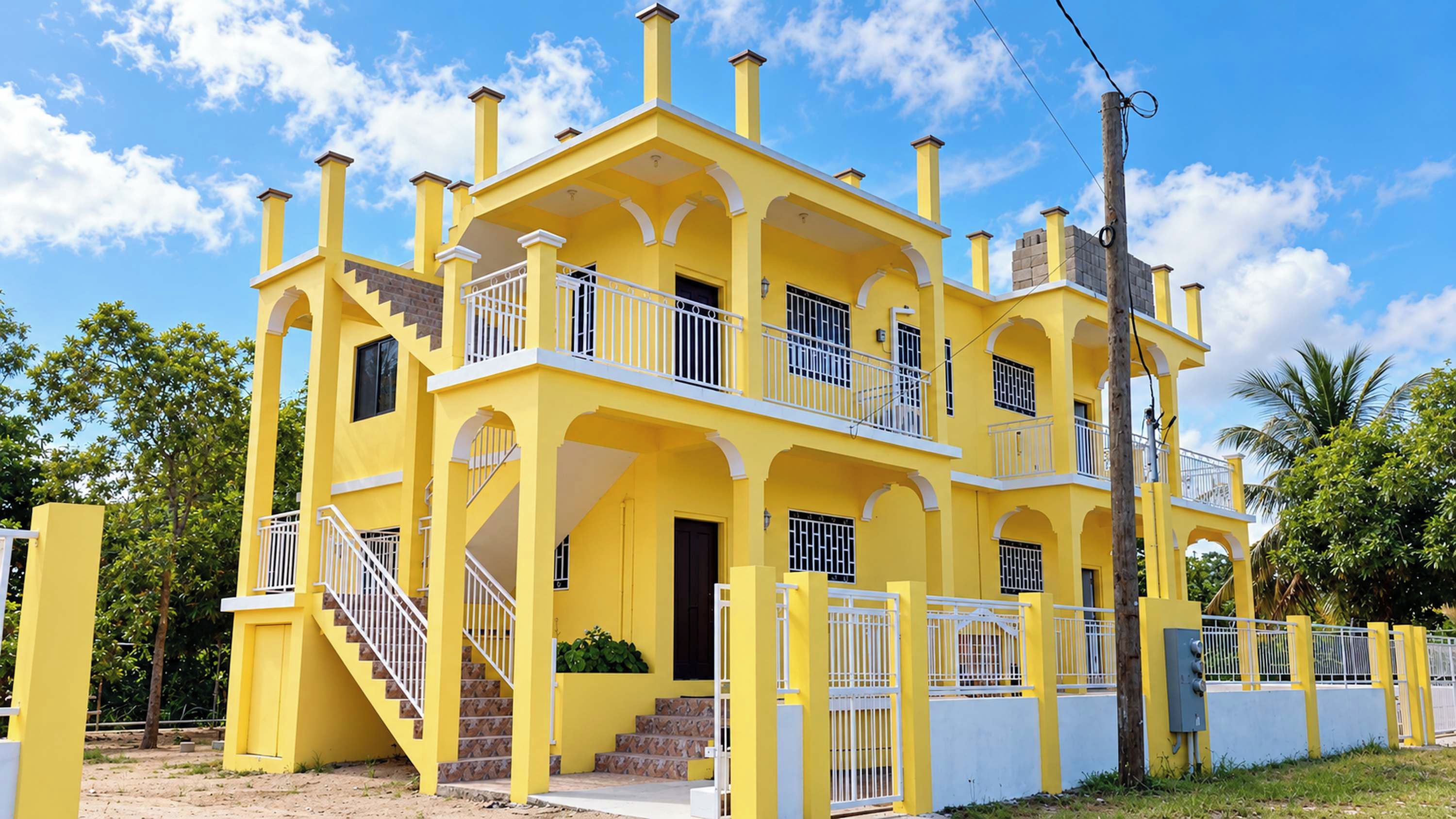 A multi-story yellow building with balconies, a staircase, and a gated entrance.