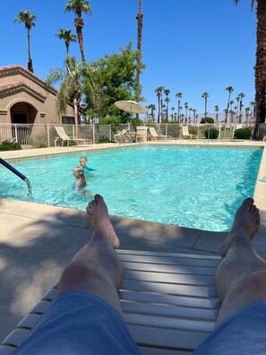 A pool area with lounge chairs and a palm tree-lined view. - Mid-Century Modern Desert Retreat With Golf Cart, Fairway Views & 48 Pools (Palm Desert)