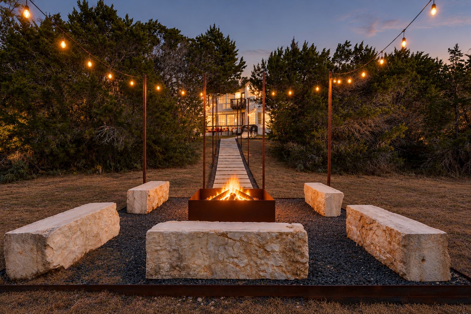 A fire pit with seating, surrounded by trees and string lights, leading to a building.