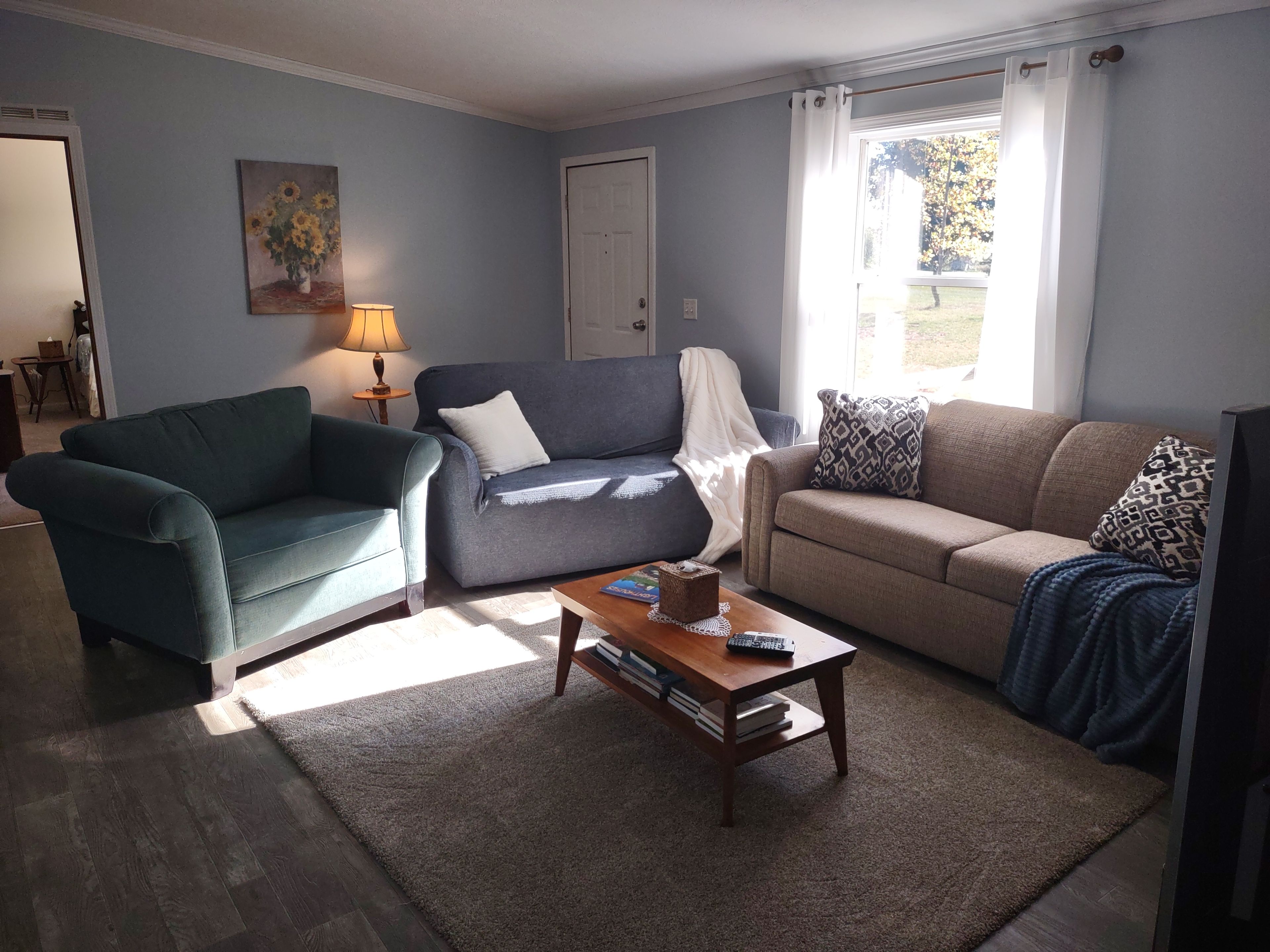 A living room with a blue armchair, a grey sofa, a beige sofa, a wooden coffee table with books and a remote control, and a painting on the wall.