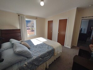 A bedroom with a bed, a window, a wardrobe, and a door.